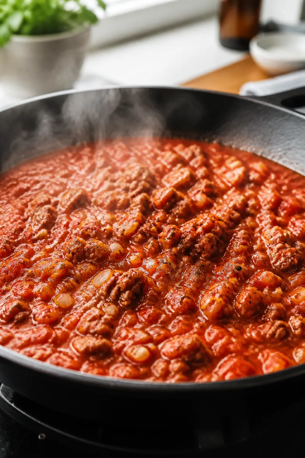 Cooking process, close-up: Sautéed ground beef simmering in a thick, ruby-red low-carb marinara wit