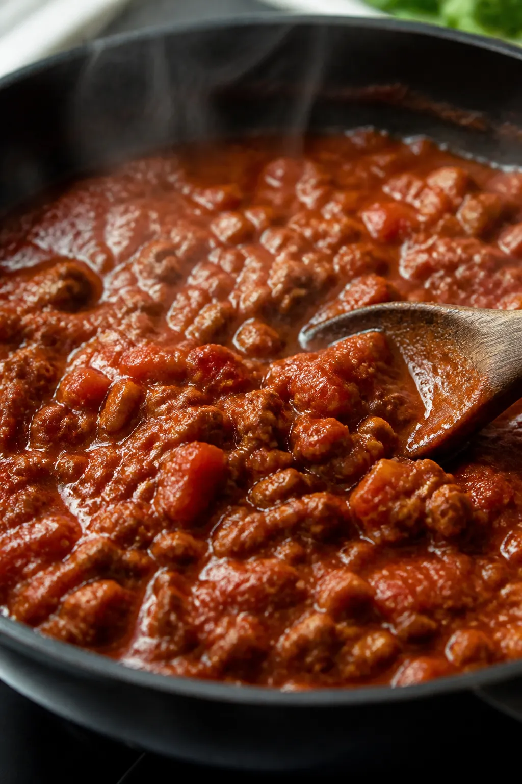 Cooking process close-up: Sautéed meat-tomato mixture thickening in a skillet after adding crushed