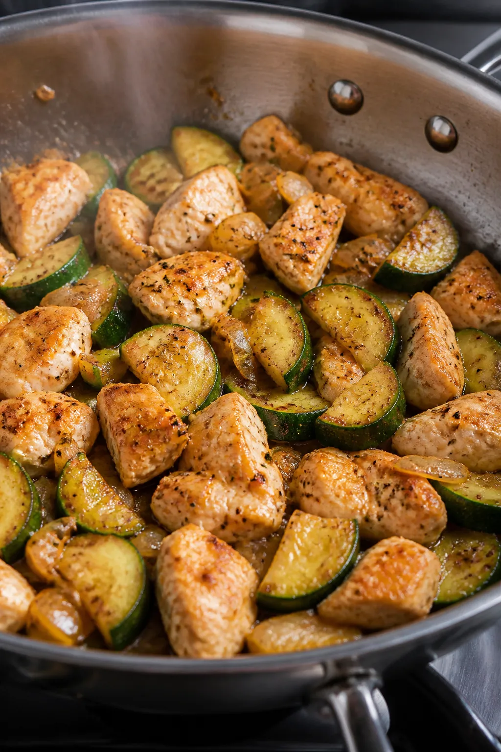 Cooking process close-up: Searing bite-sized chicken breast in a stainless skillet until lightly bro