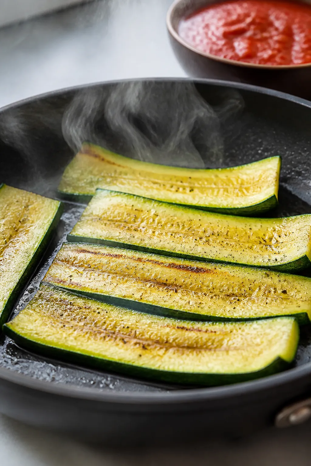Cooking process close-up: Searing pre-salted zucchini planks in a hot nonstick skillet until lightly