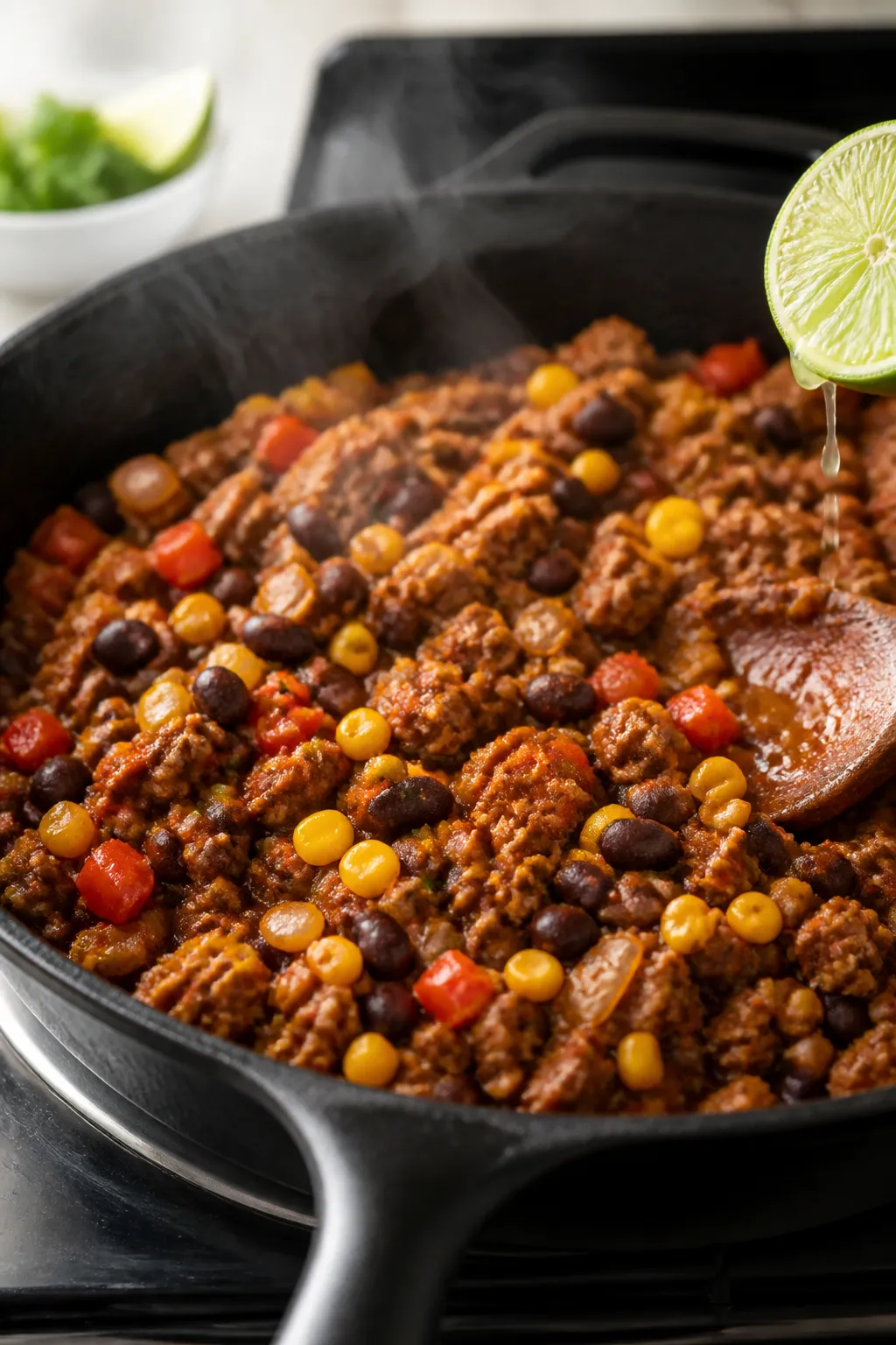 Cooking process close-up: Seasoned ground beef sizzling in a wide skillet with diced yellow onion, r