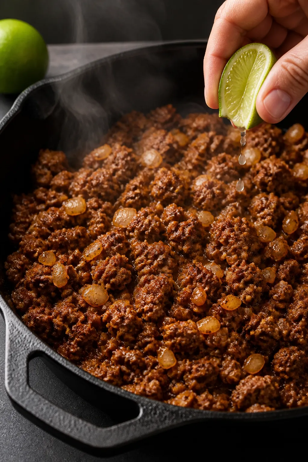 Cooking process close-up: Seasoned ground beef sizzling in a cast-iron skillet over medium-high heat