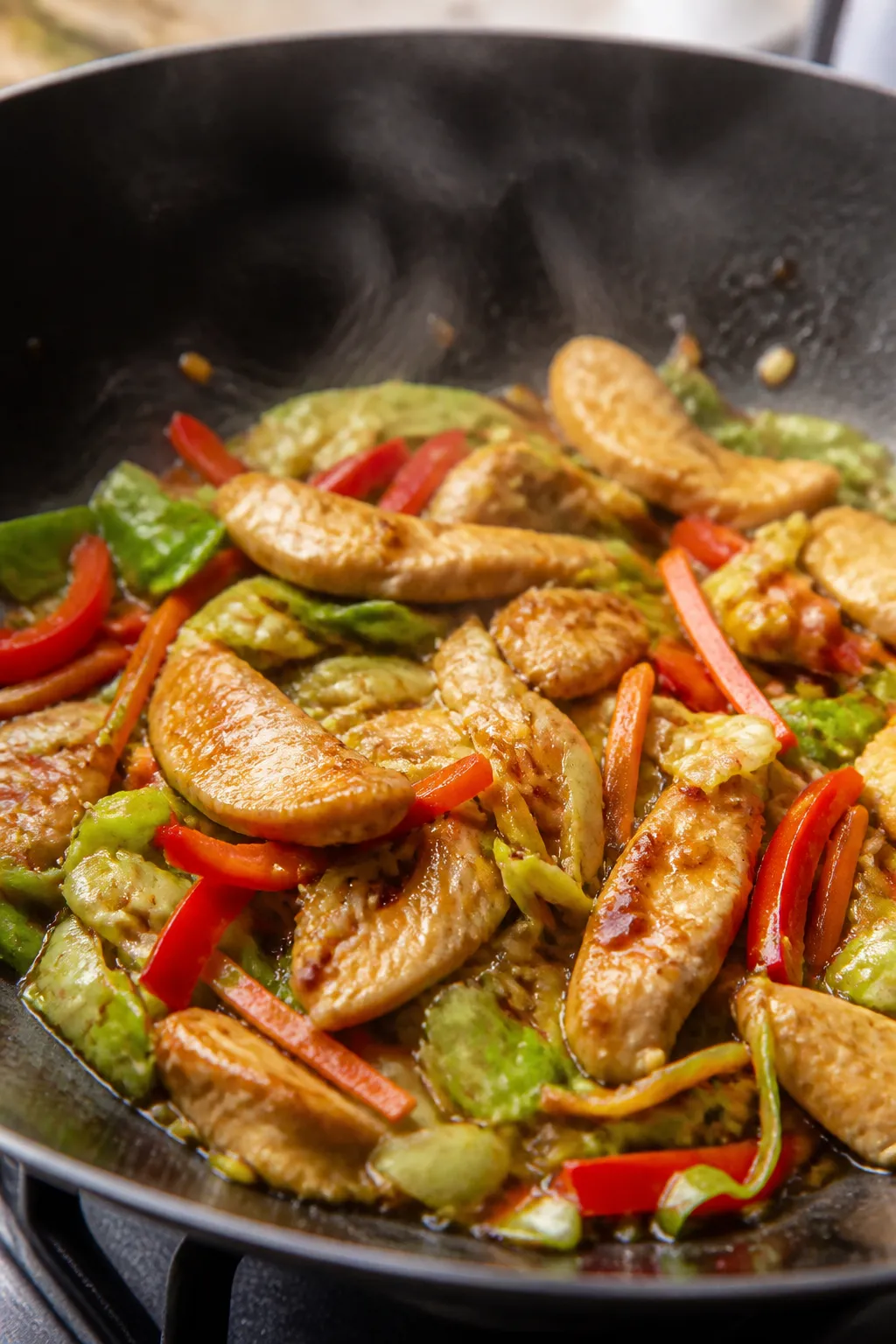 Cooking process close-up: Sizzling chicken and cabbage stir fry mid-cook in a carbon steel wok over