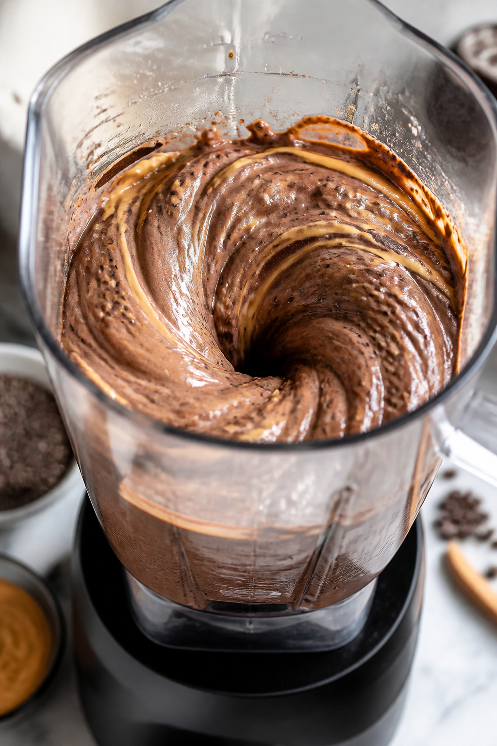 Cooking process close-up: Thick, chocolate-peanut butter protein smoothie vortex mid-blend in a clea