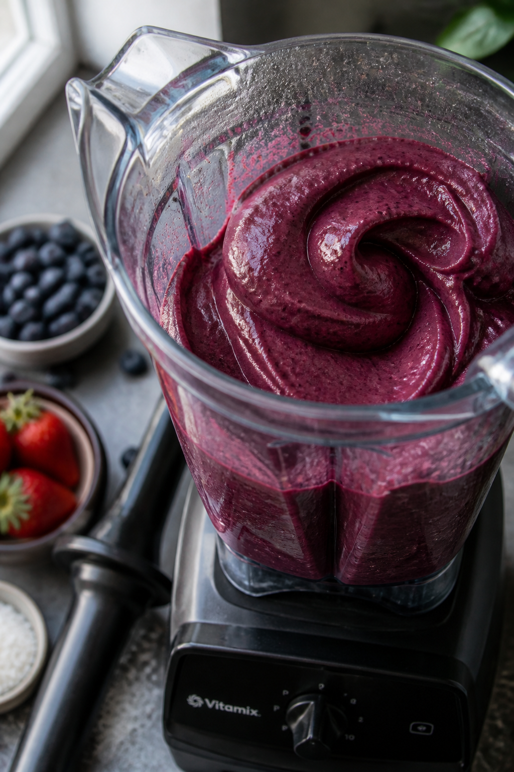 Cooking process close-up: Thick, scoopable acai smoothie base mid-blend in a high-powered blender, s