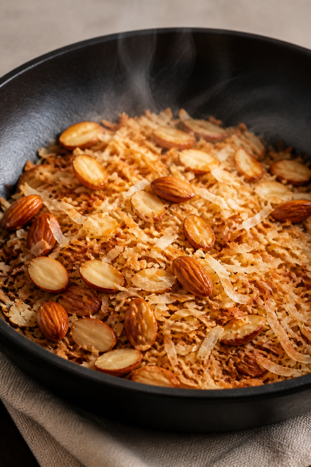 Cooking process close-up: Toasted almonds and shredded coconut in a dry skillet just after toasting,