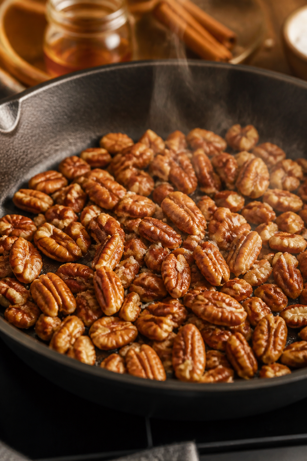 Cooking process close-up: Toasted chopped pecans just finished in a dry skillet, golden-brown edges