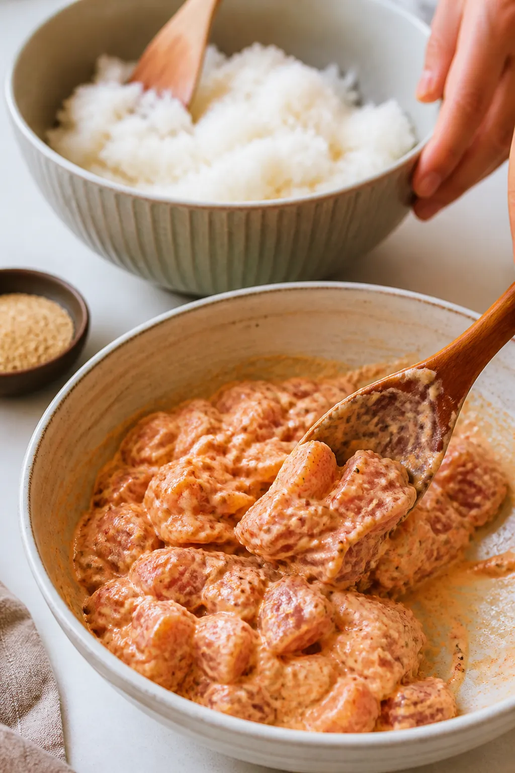 Cooking process close-up: Warm, slightly cooled sushi rice being fluffed in a ceramic bowl while glo