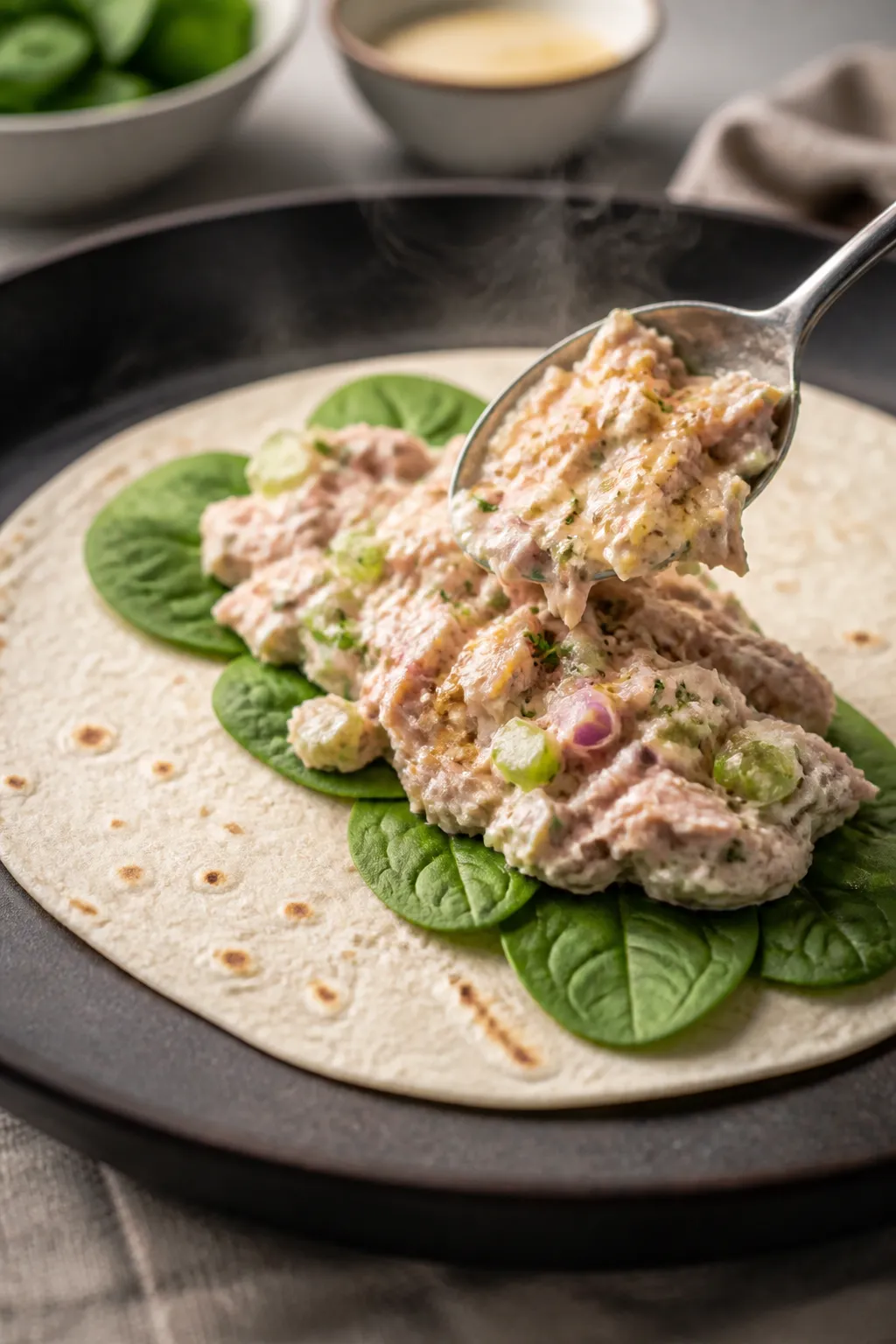 Cooking process close-up: Warm tortilla on a dry skillet with a soft steam curl, a neat line of baby
