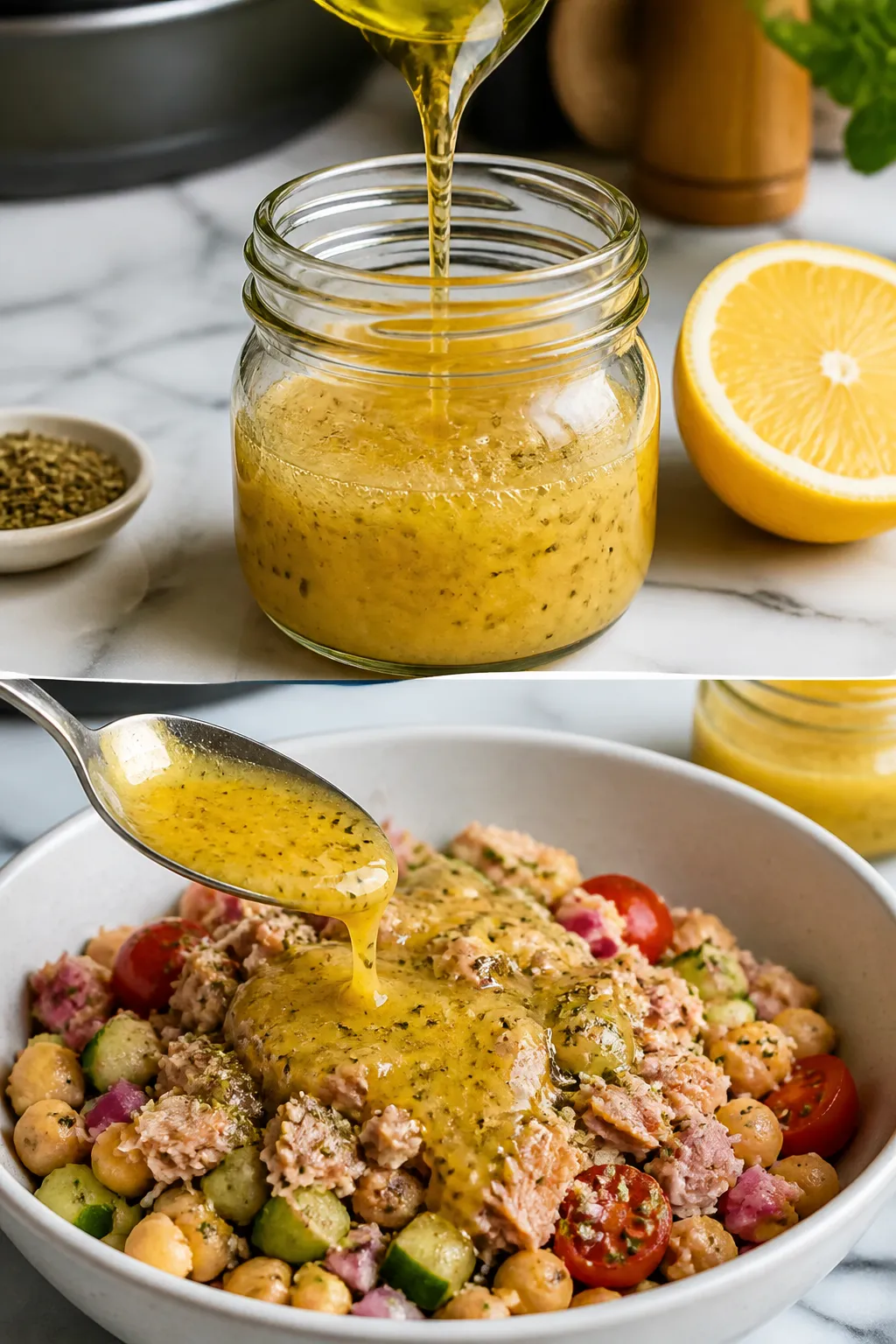 Cooking process: Emulsifying the lemon-garlic-Dijon dressing in a small glass jar—golden extra-vir