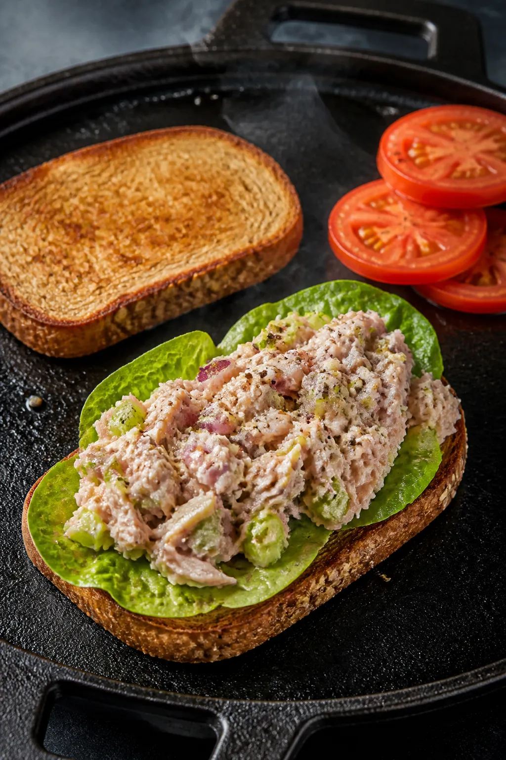 Cooking process: Golden, lightly oiled whole-grain bread slices just toasted on a cast-iron griddle,