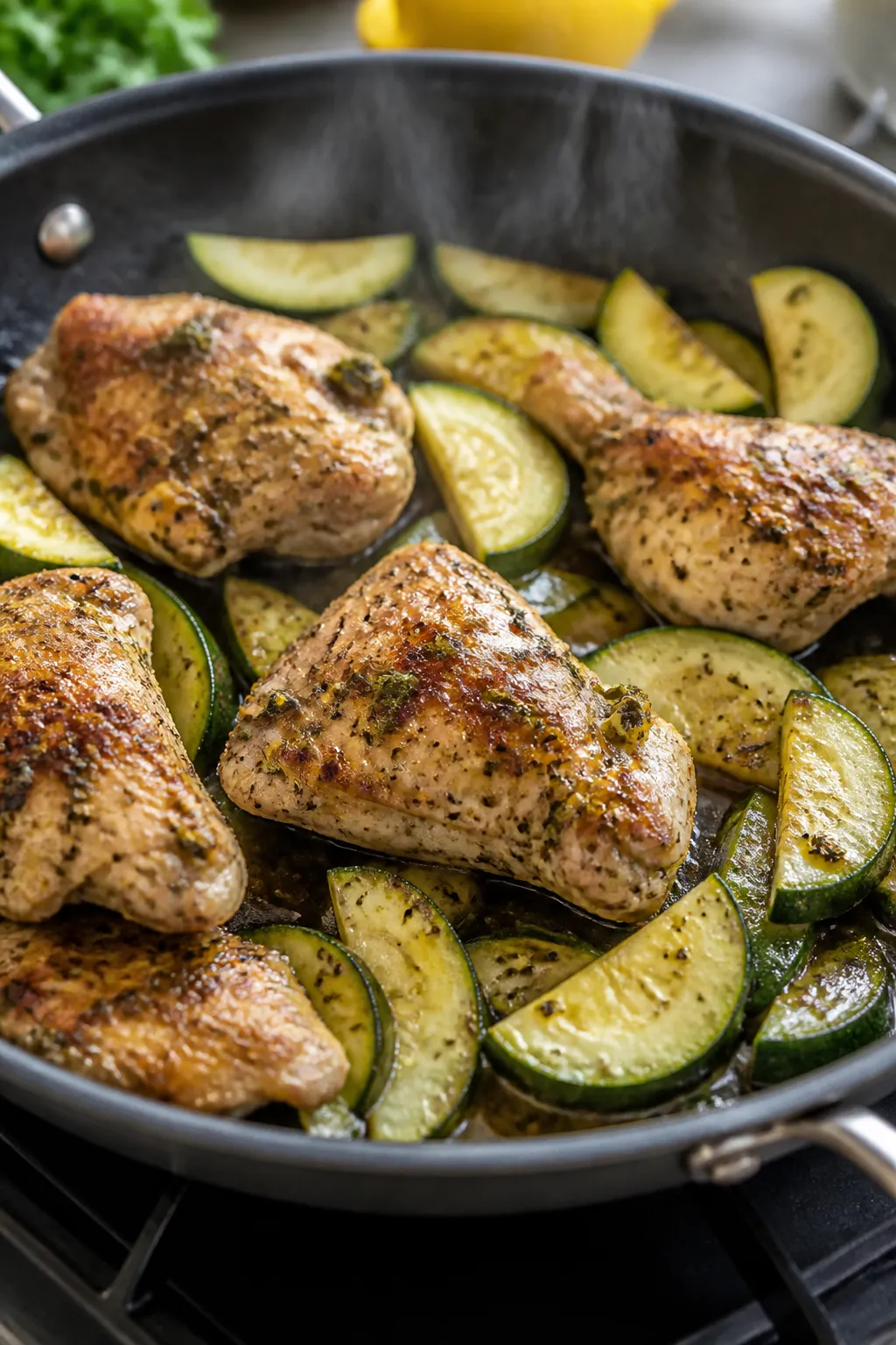 Cooking process — Greek lemon-oregano chicken searing in a large skillet alongside lightly charred