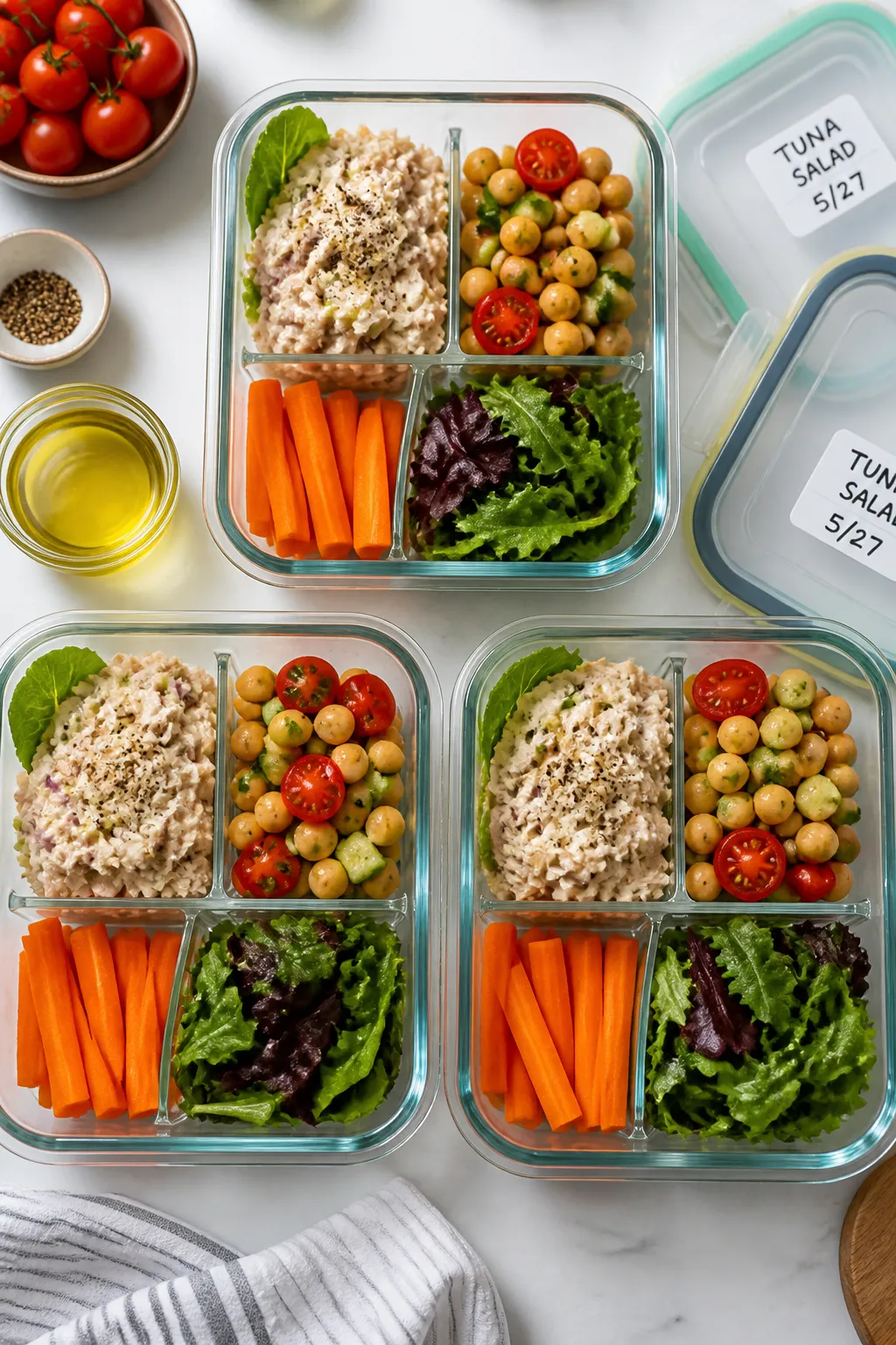 Cooking process: Meal prep assembly scene with compartmented glass containers being filledâone sec