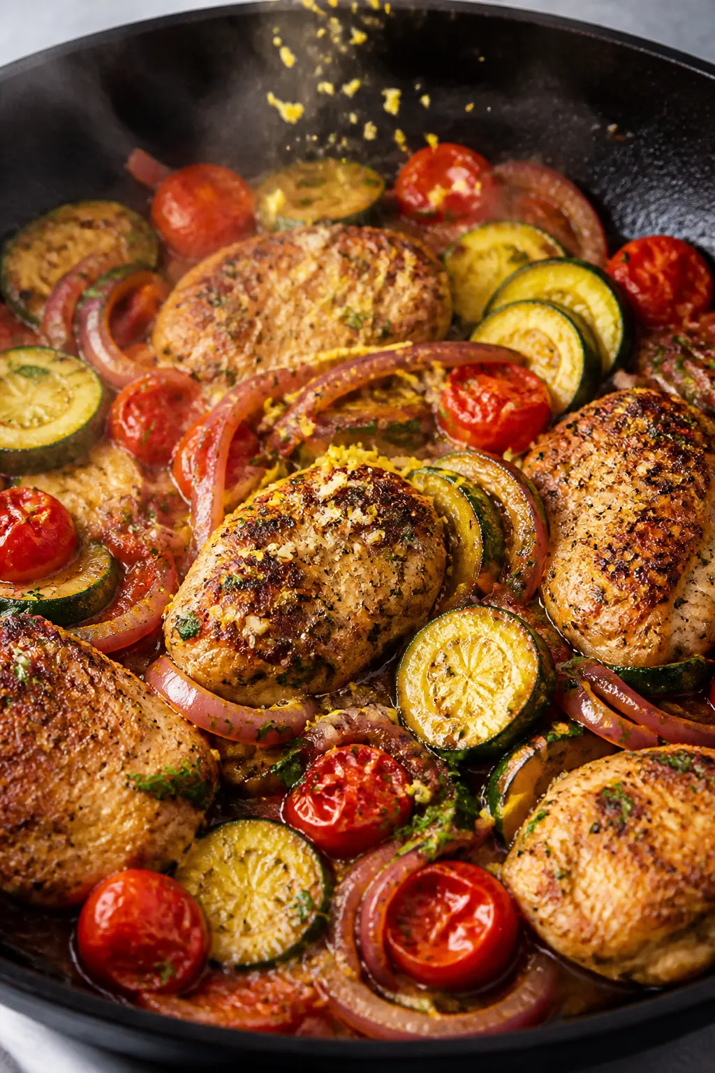 Cooking process: Mid-cook skillet scene showing zucchini sautéing with translucent red onion and fr