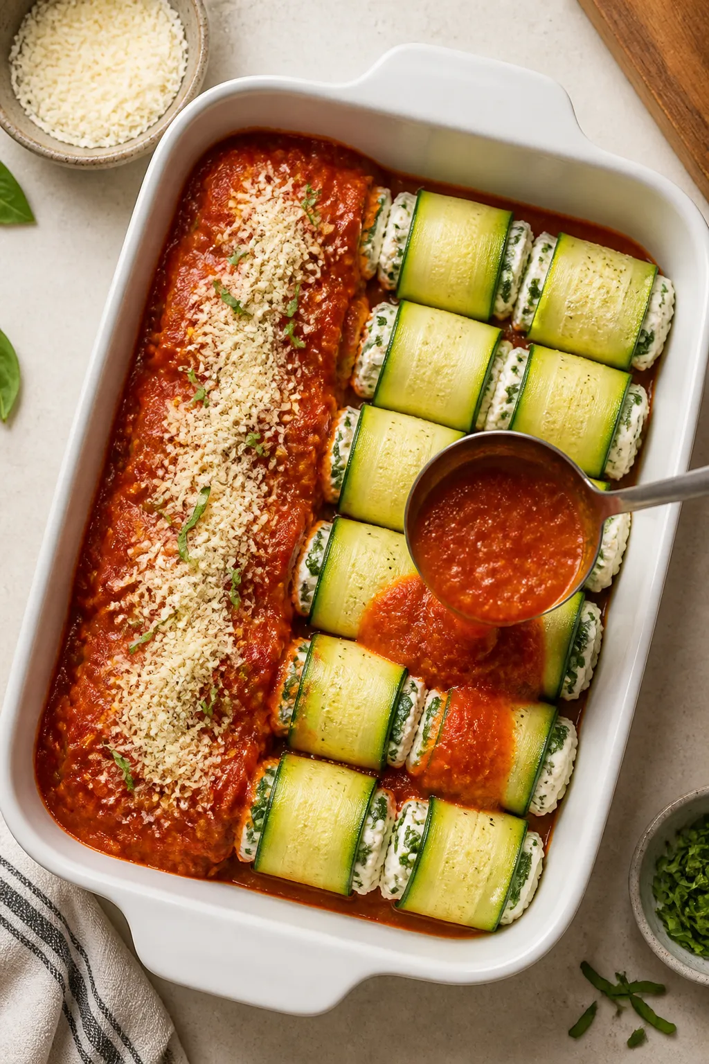 Cooking process: Overhead shot of assembled zucchini lasagna roll-ups nestled in a 9x13 baking dish,
