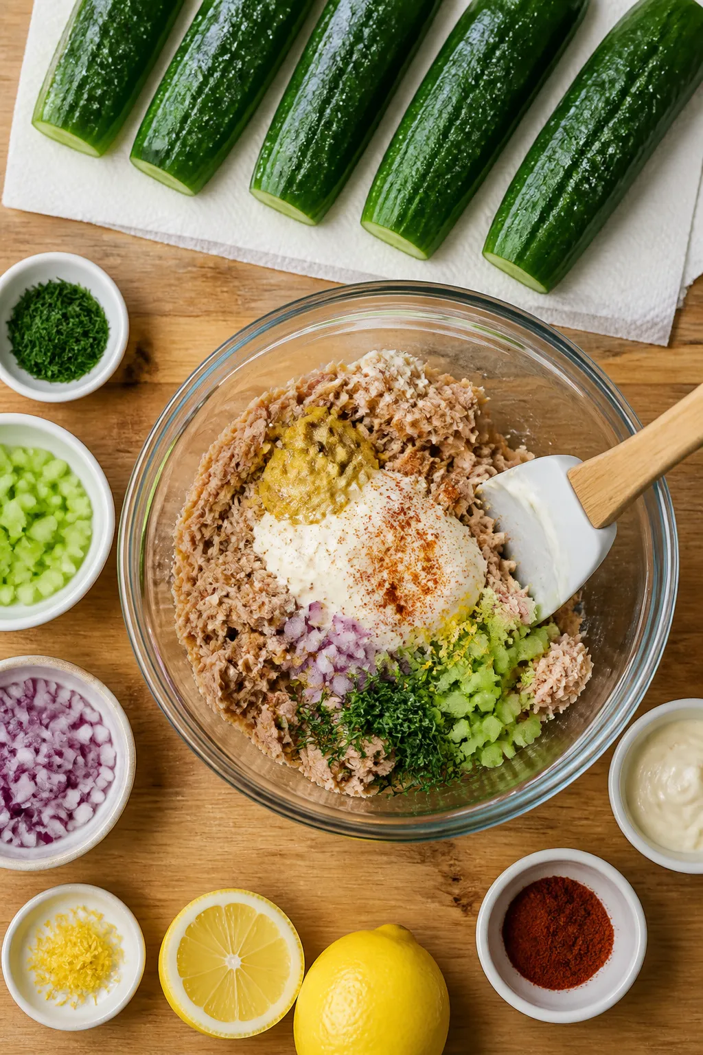 Cooking process: Overhead shot of assembly in progress—several salted cucumber halves resting cut-