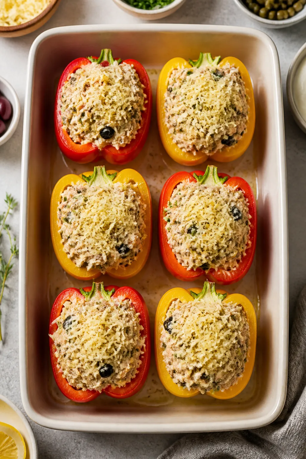 Cooking process: Overhead shot of par-baked bell peppers in a lightly oiled baking dish being filled