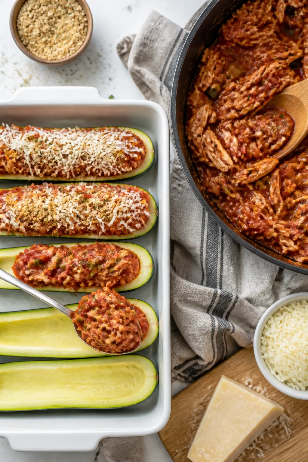 Cooking process: Overhead shot of par-baked zucchini boats being filled with the thick, saucy chicke