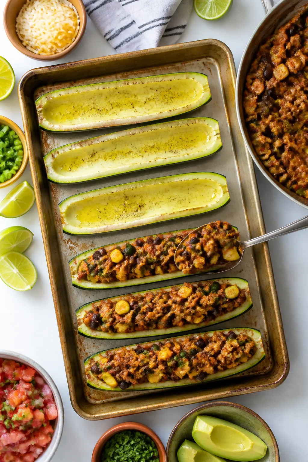 Cooking process: Overhead shot of par-baked zucchini boats being filled on a baking sheetâskillet