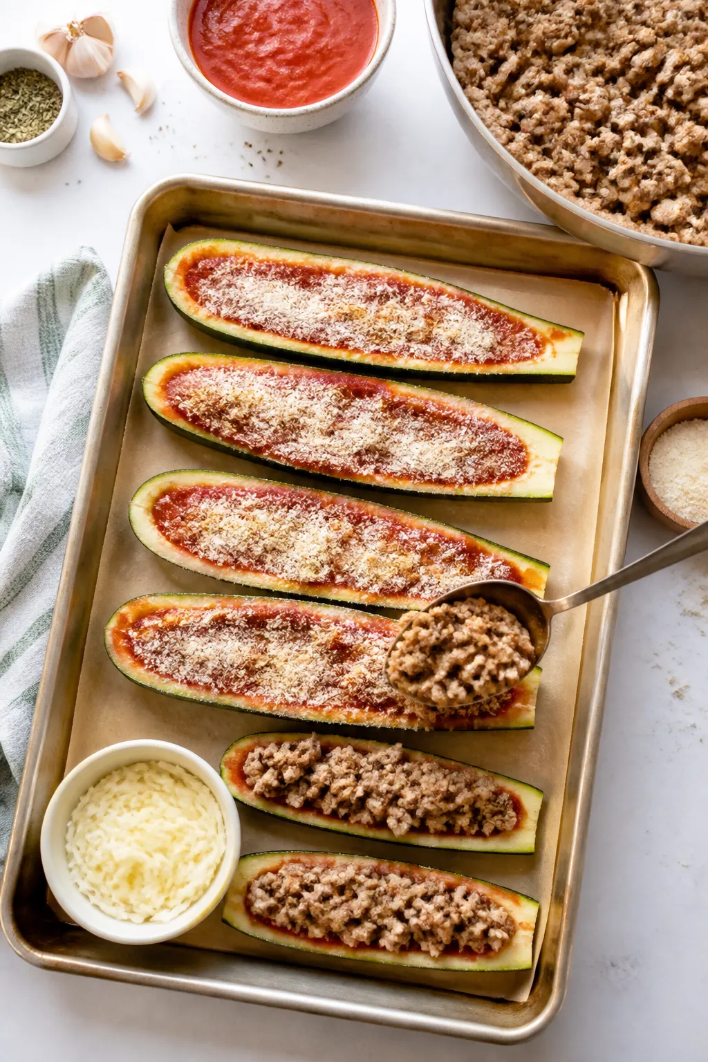 Cooking process: Overhead shot of par-baked zucchini boats being filled on a parchment-lined baking