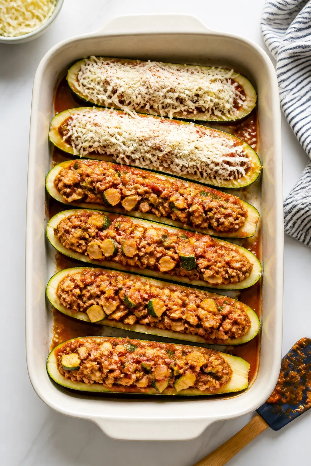 Cooking process: Overhead shot of par-baked zucchini shells being filled with the thick, seasoned gr