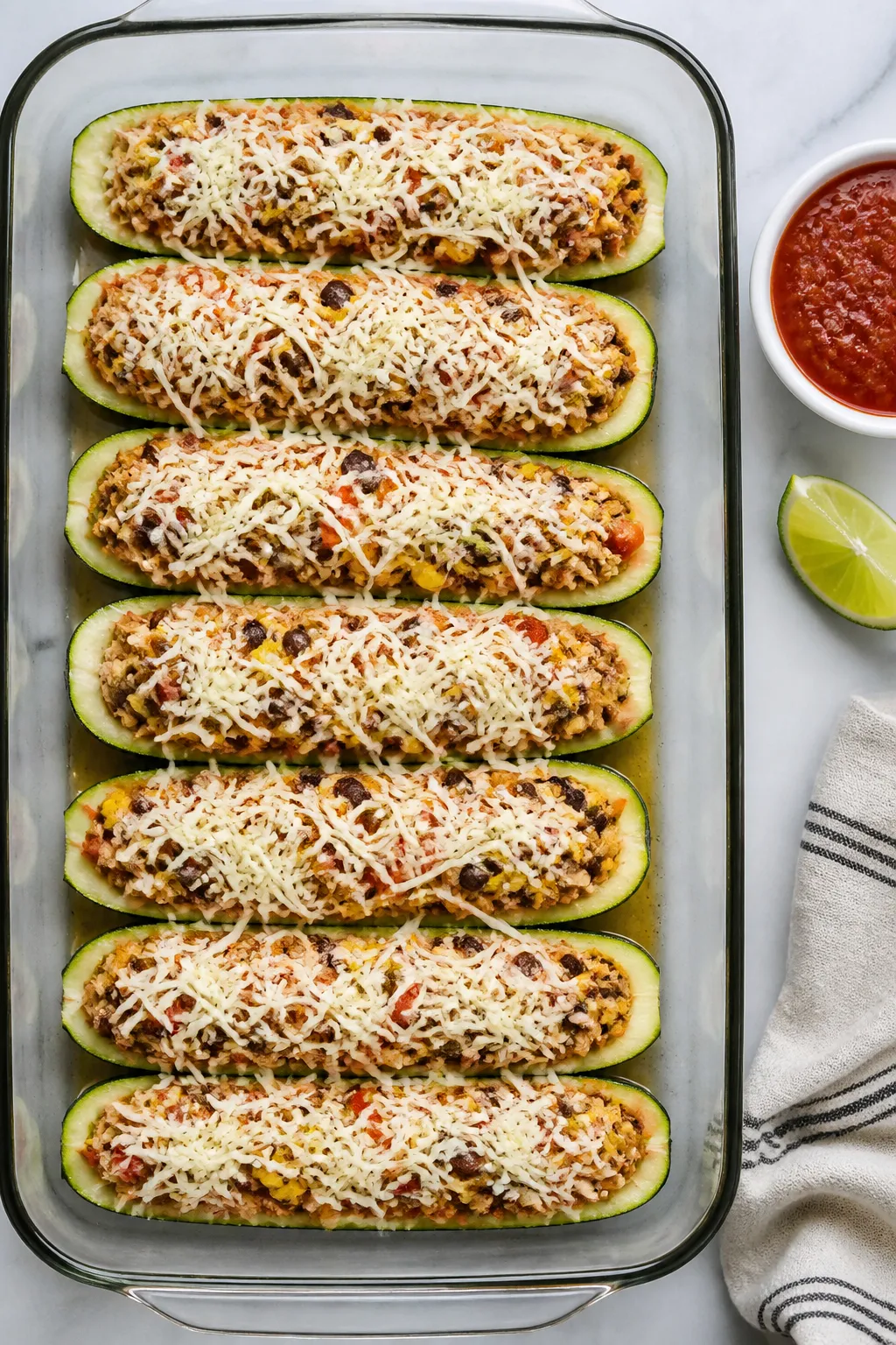 Cooking process: Overhead shot of stuffed zucchini boats in a lightly oiled baking dish right before