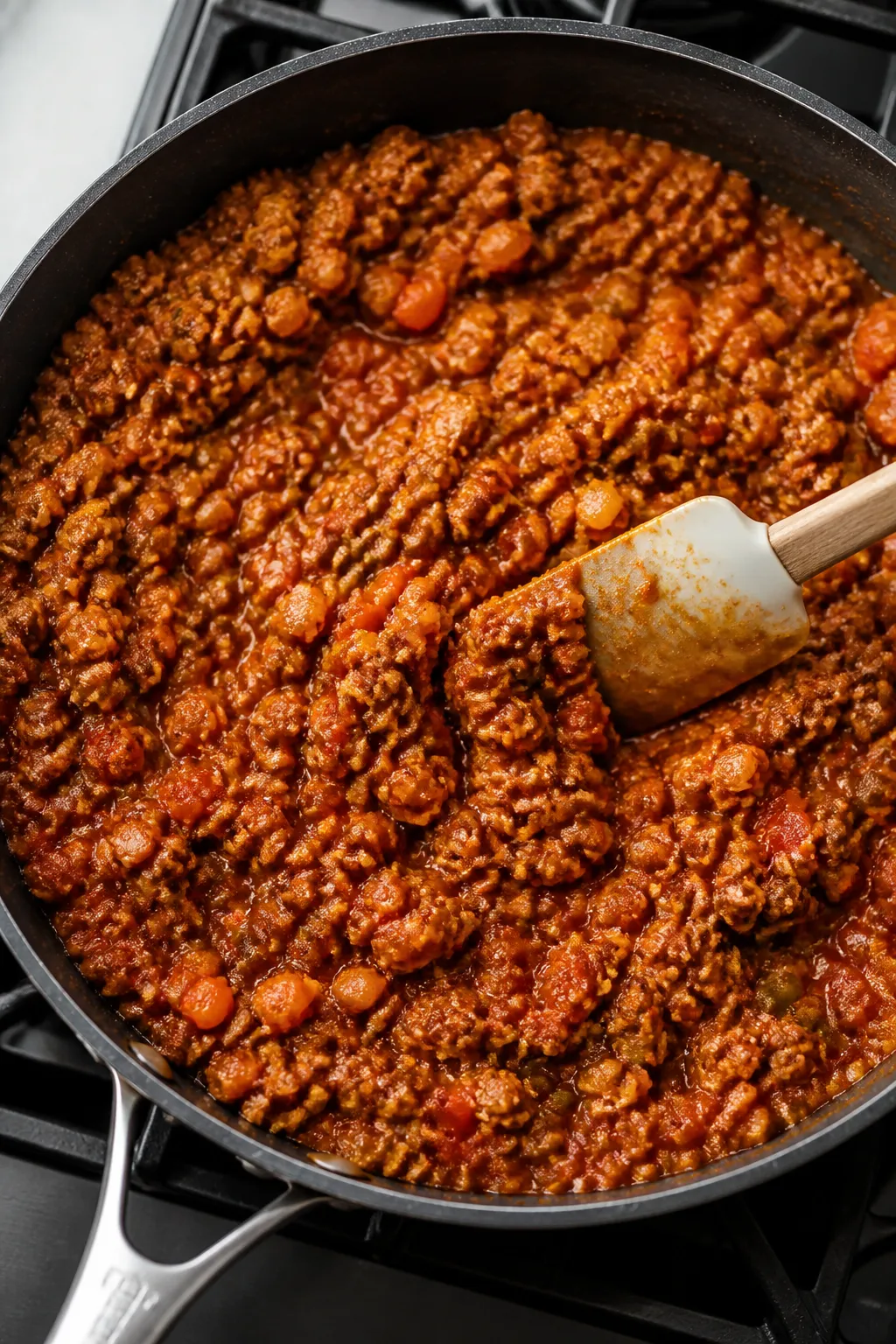 Cooking process: Overhead shot of the beef enchilada filling simmering in a wide skilletācrumbled