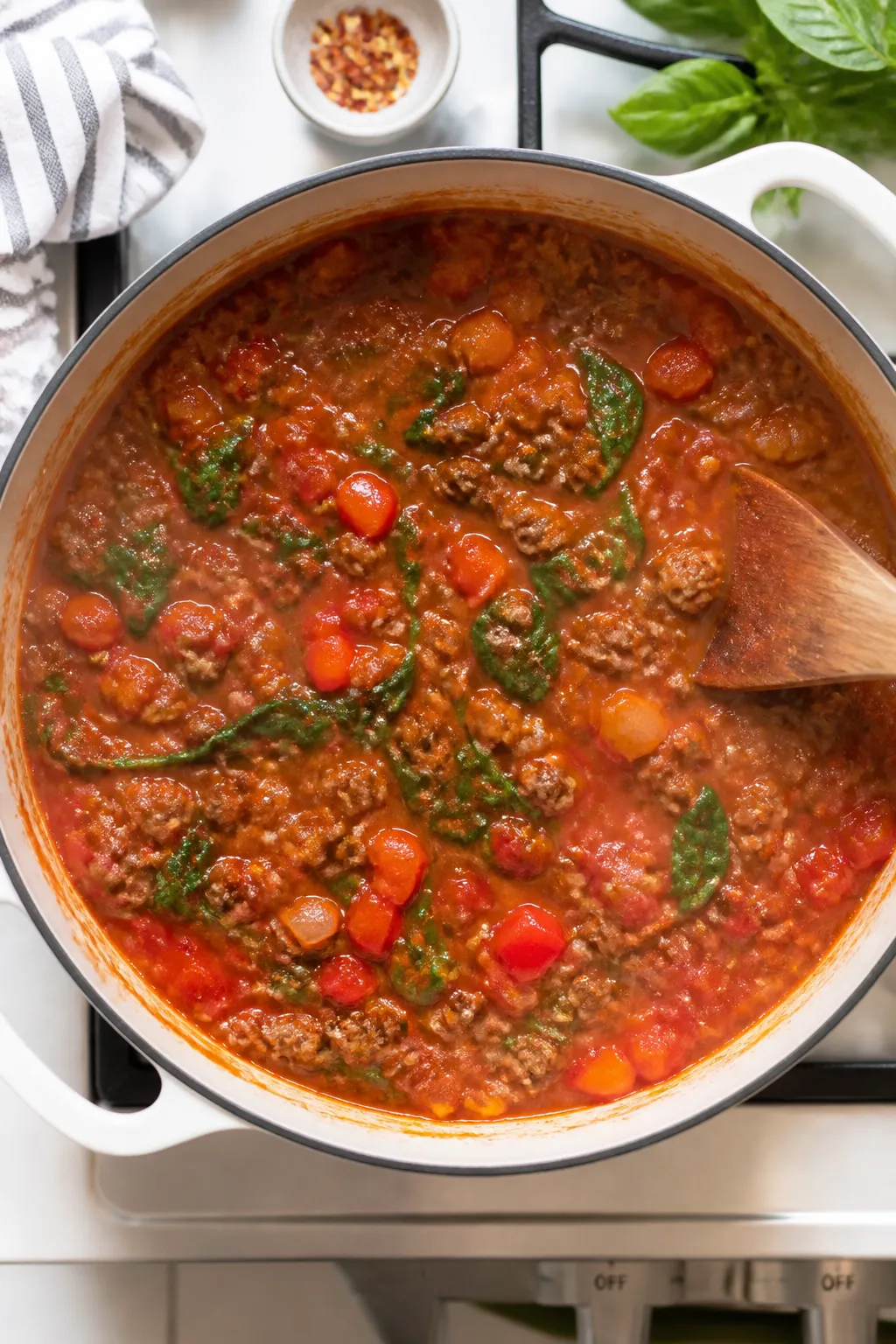 Cooking process: Overhead shot of the beefy tomato sauce at a steady simmer in a wide Dutch oven—c