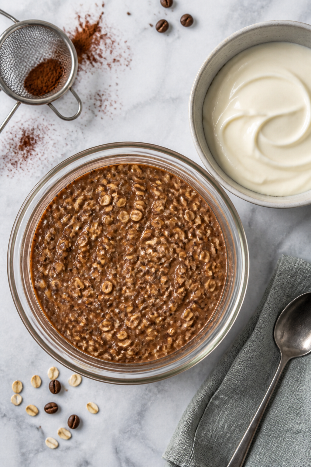 Cooking process: Overhead shot of the oats mixture just after stirring, in a wide-mouth glass contai