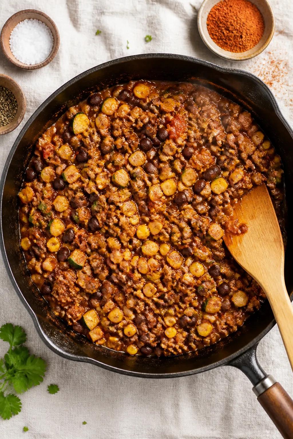 Cooking process: Overhead shot of the seasoned ground beef mixture simmering in a skillet—crumbled