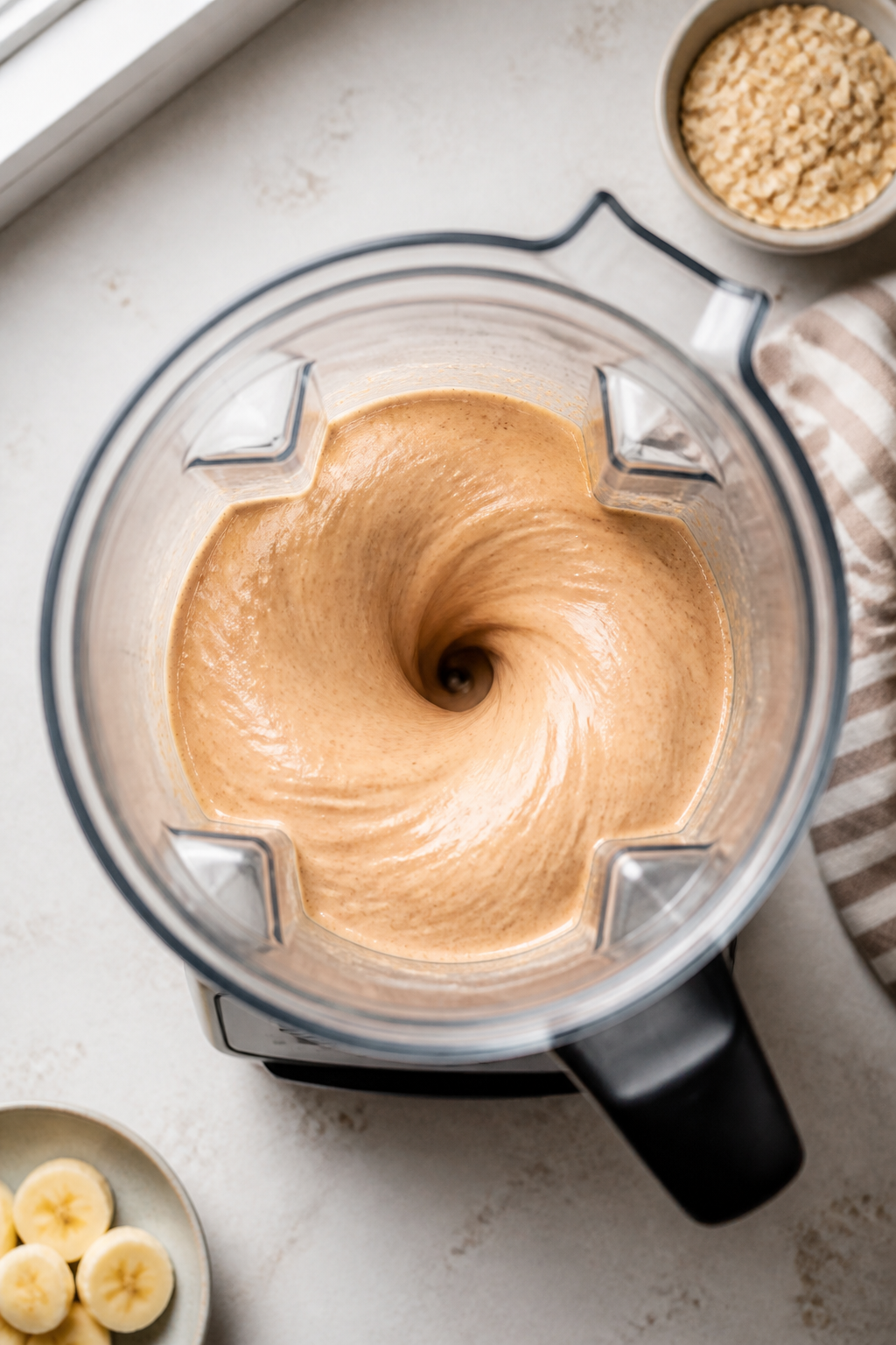 Cooking process: Overhead shot of the shake mid-blend in a high-speed blender, showing hydrated oats