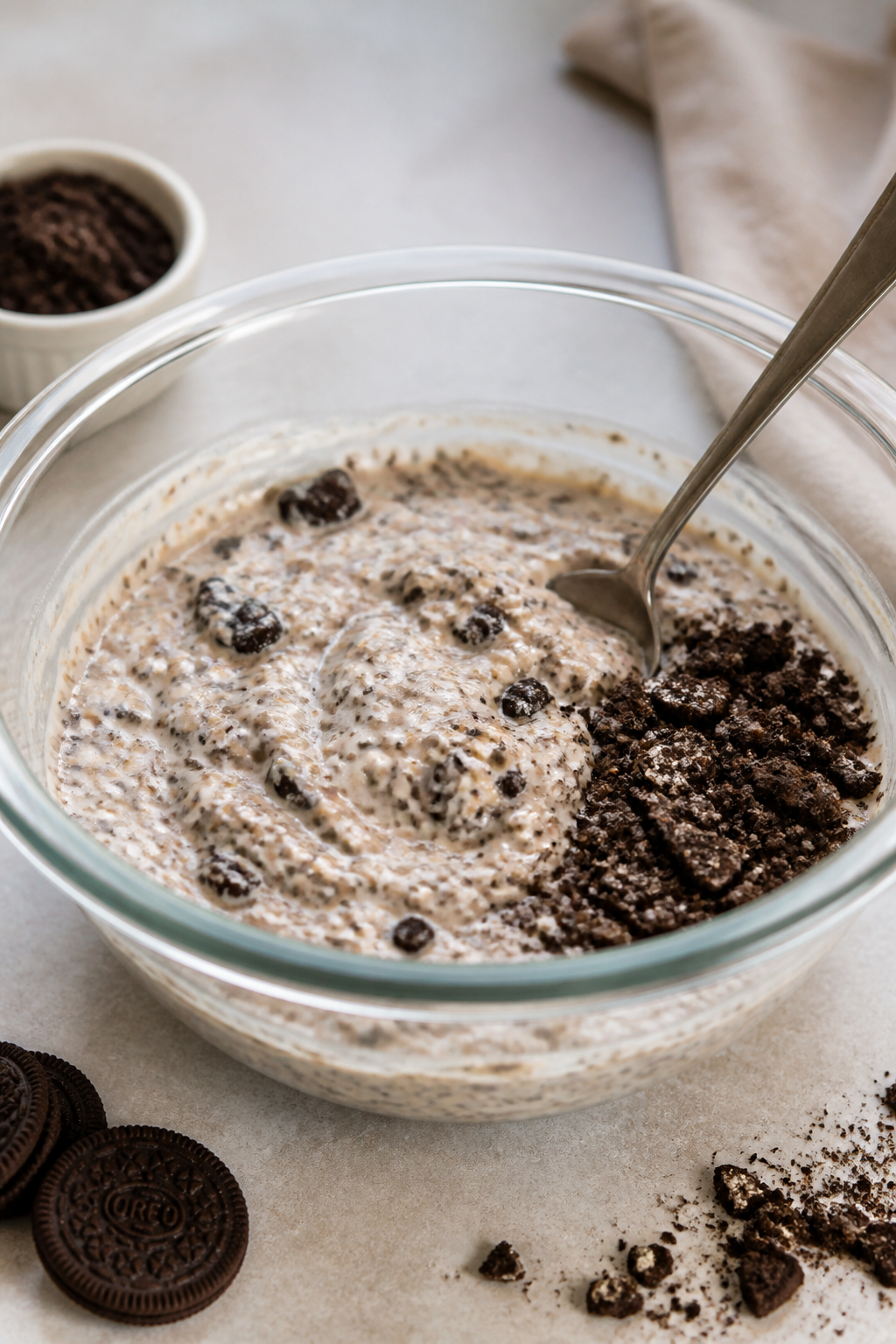 Cooking process (prepared stage, no raw ingredients): The oat mixture being folded with cookie crumb