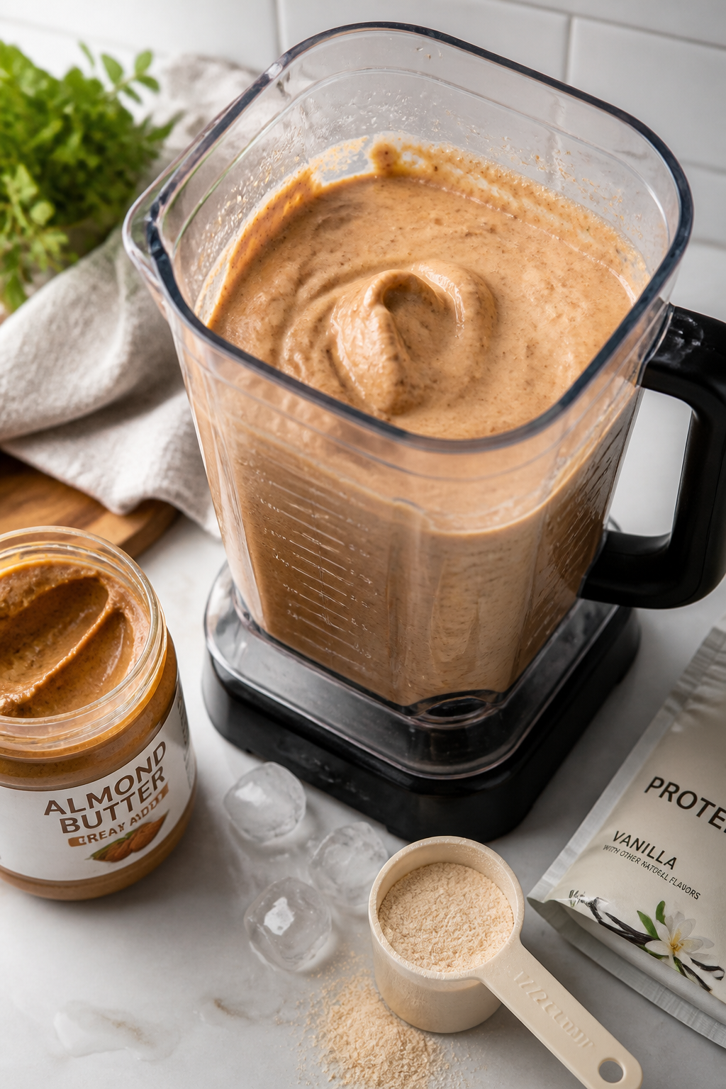 Cooking process: Professional kitchen-style scene of the smoothie in a high-powered blender just aft