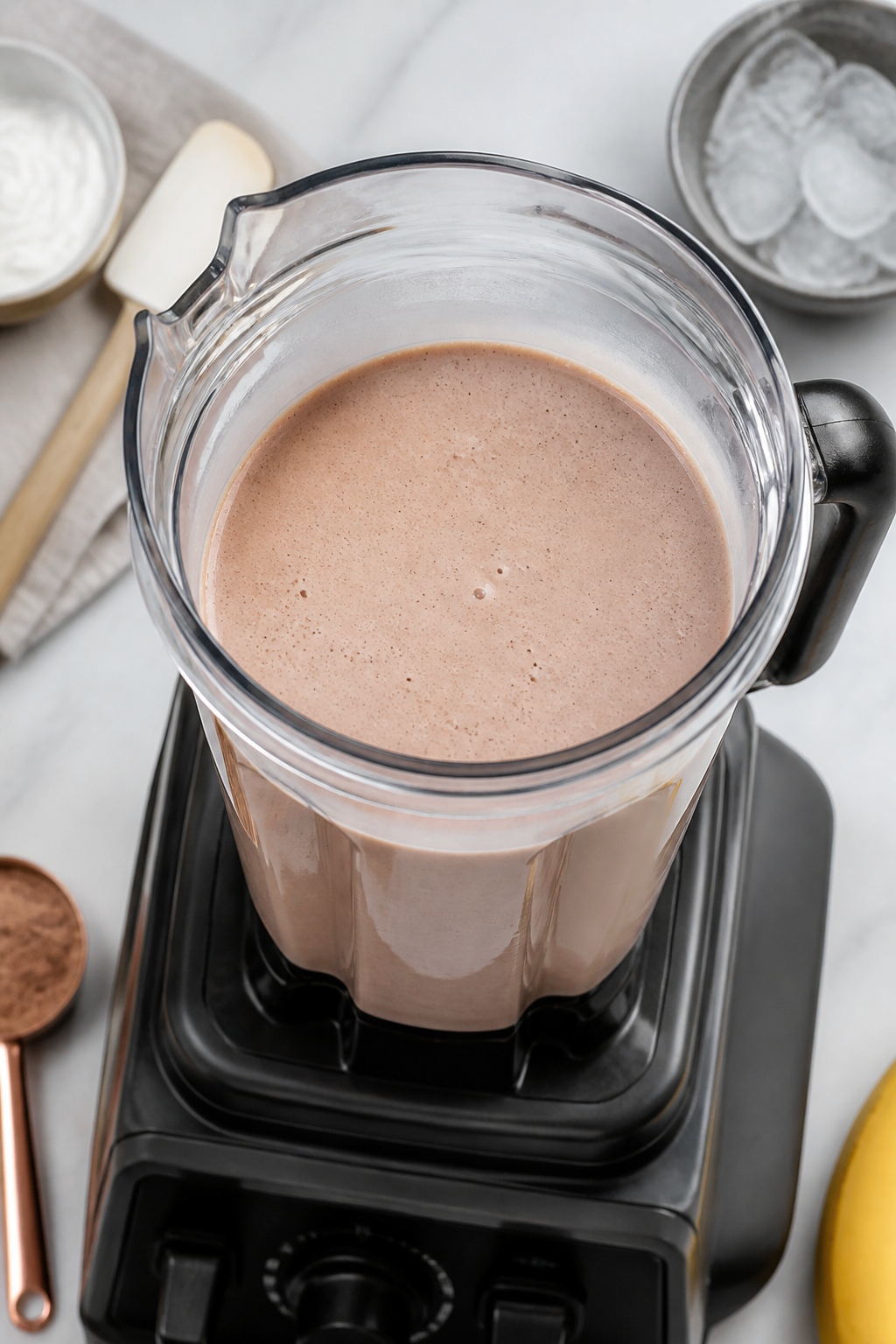 Cooking process: Professional kitchen-style shot of the smoothie in the blender just after blending,