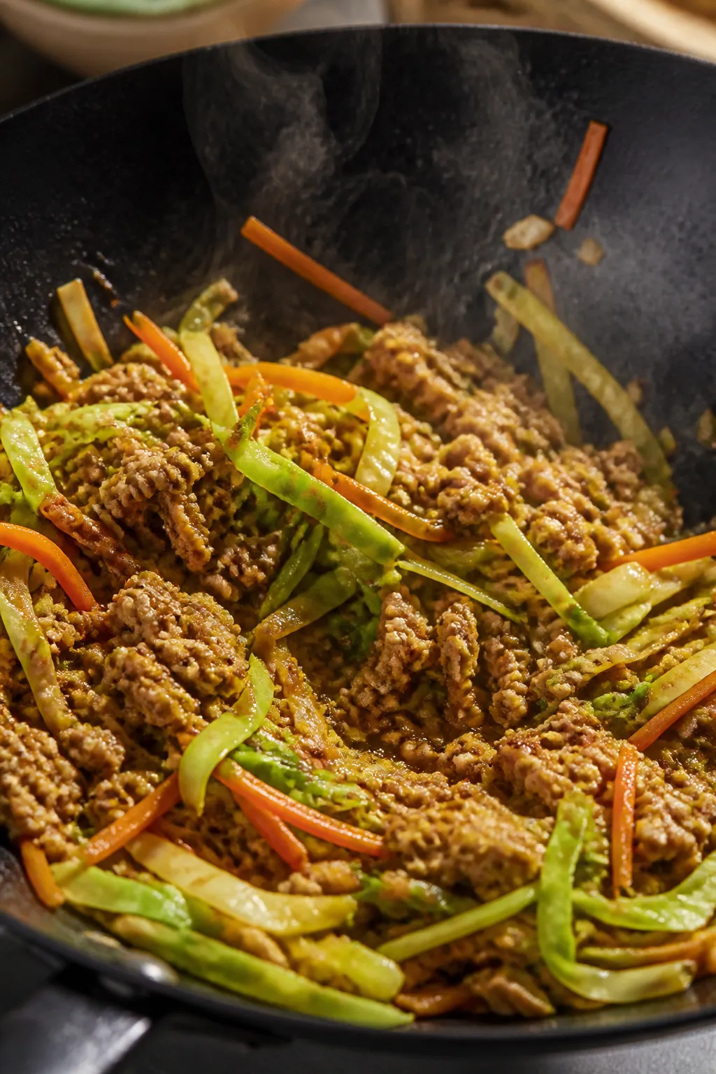 Cooking process ā SautĆ© stage: Ground chicken browned and pushed to the edges of a black wok whil