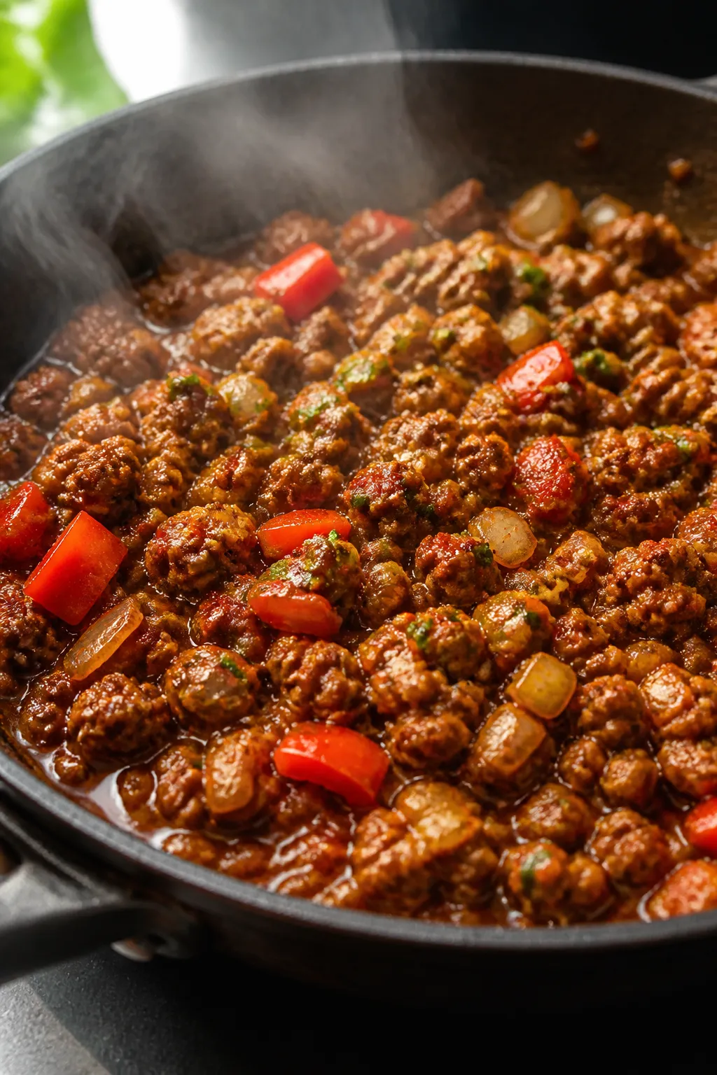 Cooking process â Seasoned beef sizzling in a skillet: Close-up of browned lean ground beef tossed