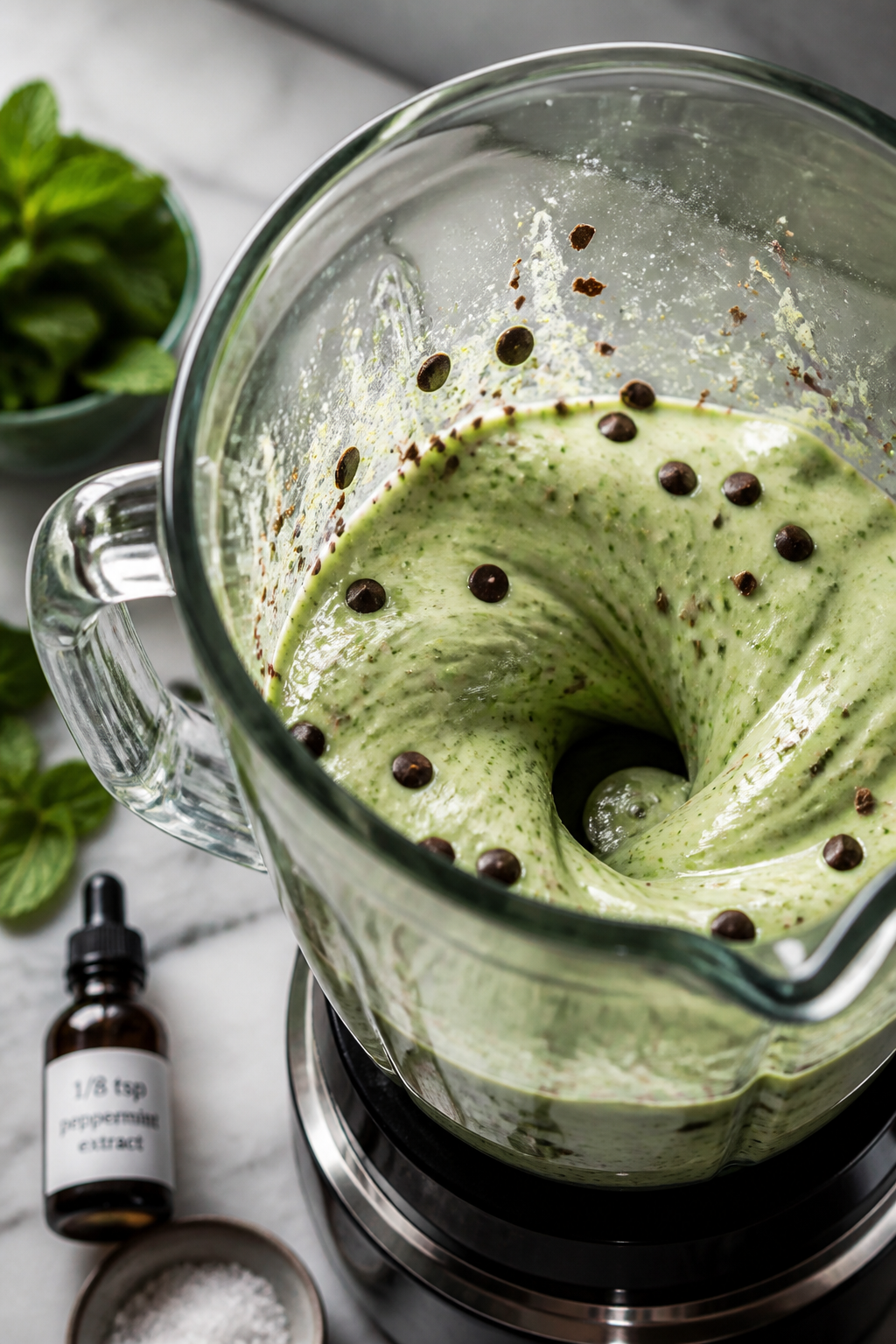 Cooking process shot: A high-speed action capture of a mint chocolate chip protein smoothie mid-blen