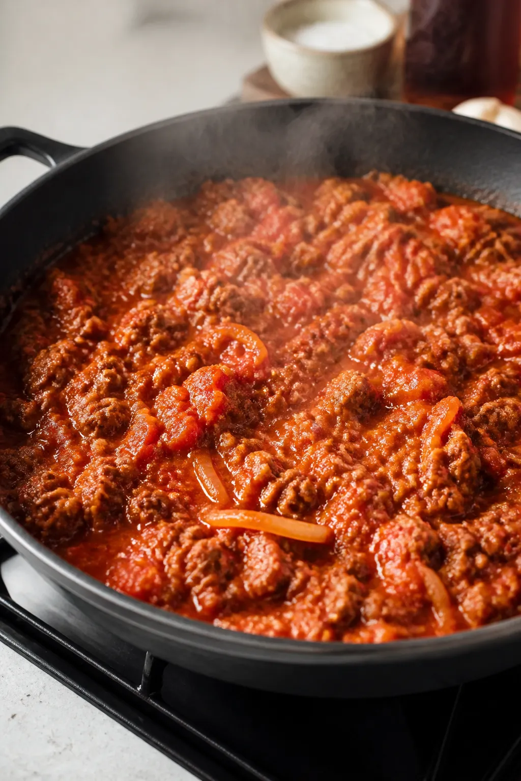 Cooking process shot: Skillet scene of the thick, simmered sausage-tomato sauce right after browning