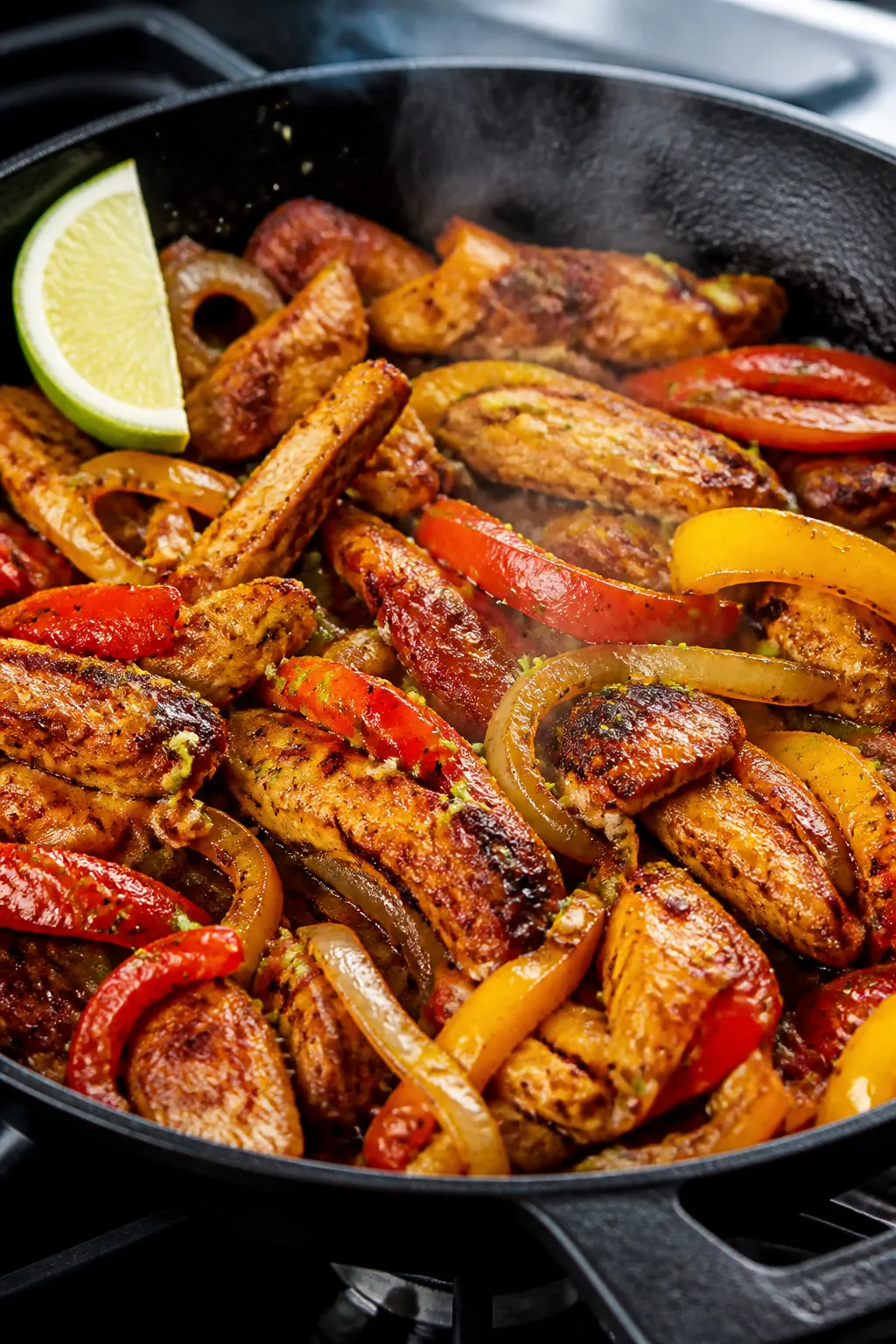 Cooking process: Sizzling chicken fajita filling in a black cast-iron skillet, showing lightly brown