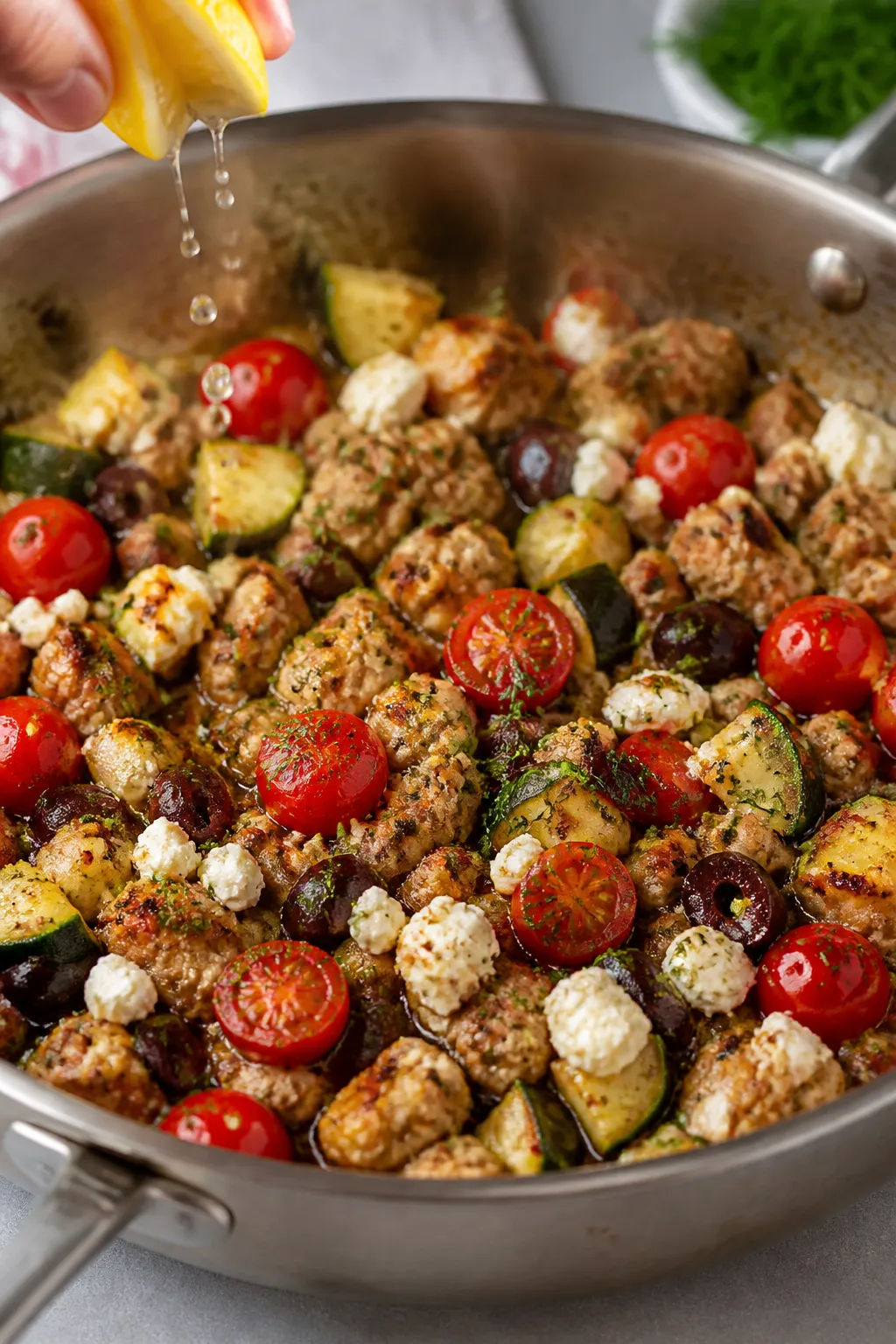 Cooking process, sizzling skillet: Close-up of the cooked Greek chicken filling just off the heat in