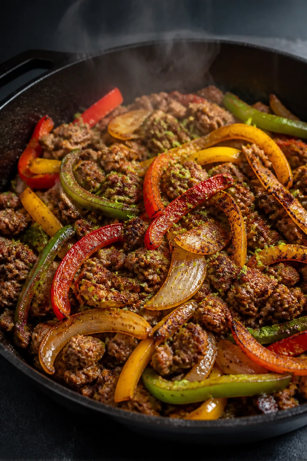 Cooking process, sizzling skillet scene: Close-up of browned lean ground beef in a large cast-iron s
