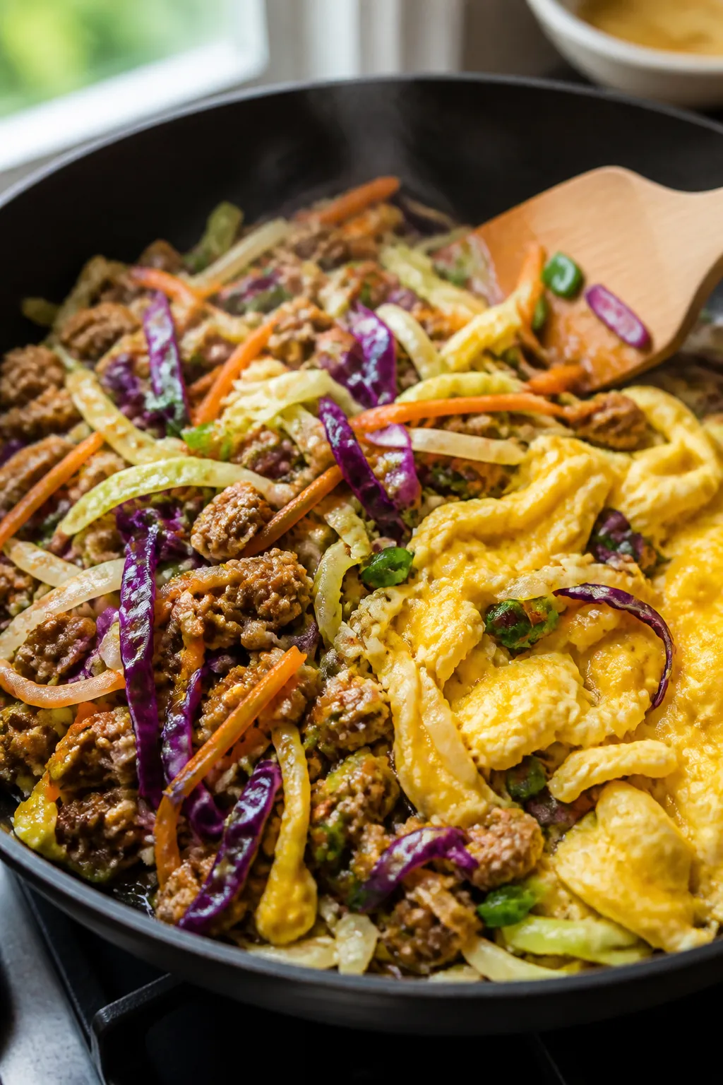 Cooking process — sizzling skillet scene: Ground turkey browned and crumbled with diced onion, min