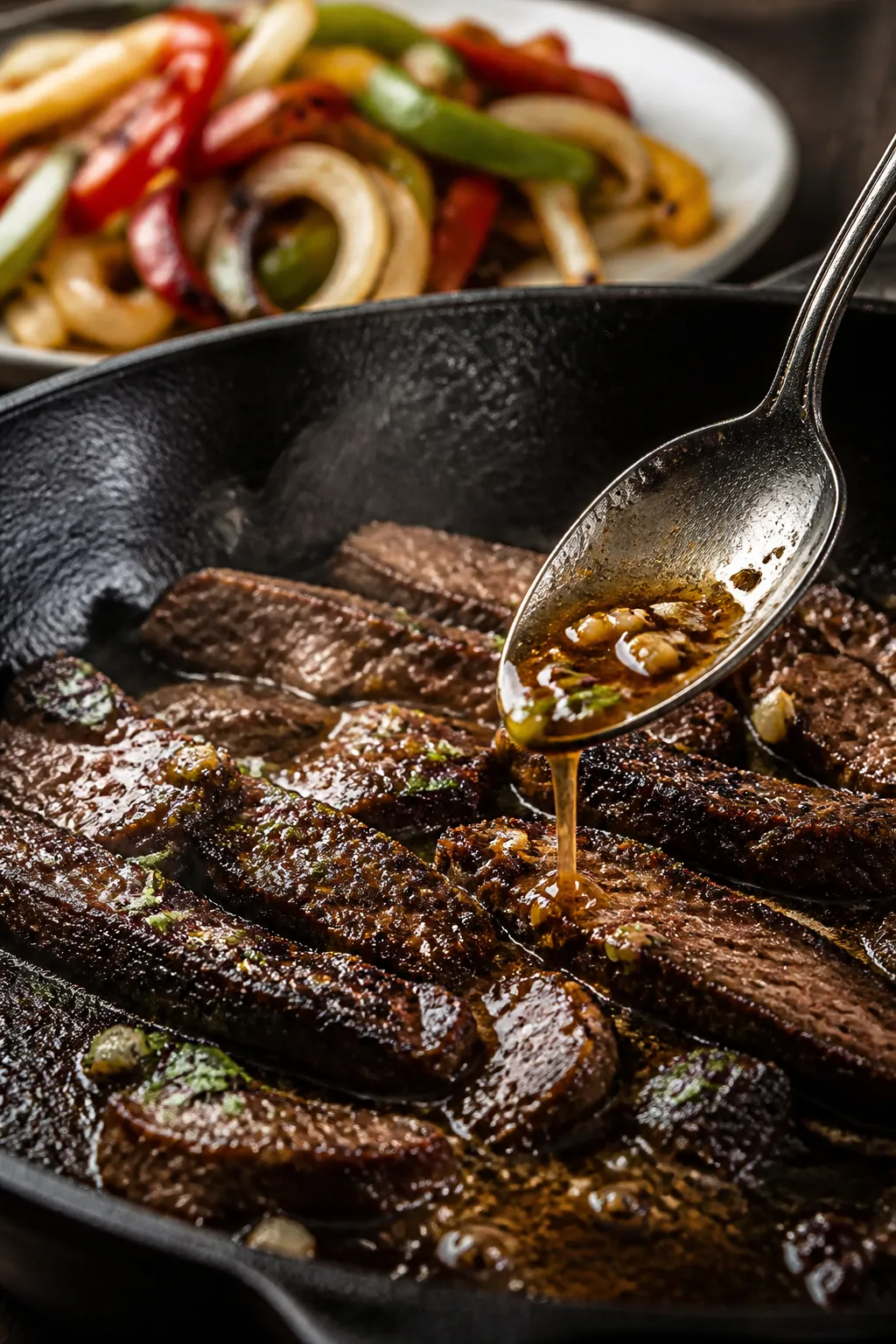 Cooking process — Sizzling steak fajitas in the skillet: Close-up of thinly sliced flank steak sea