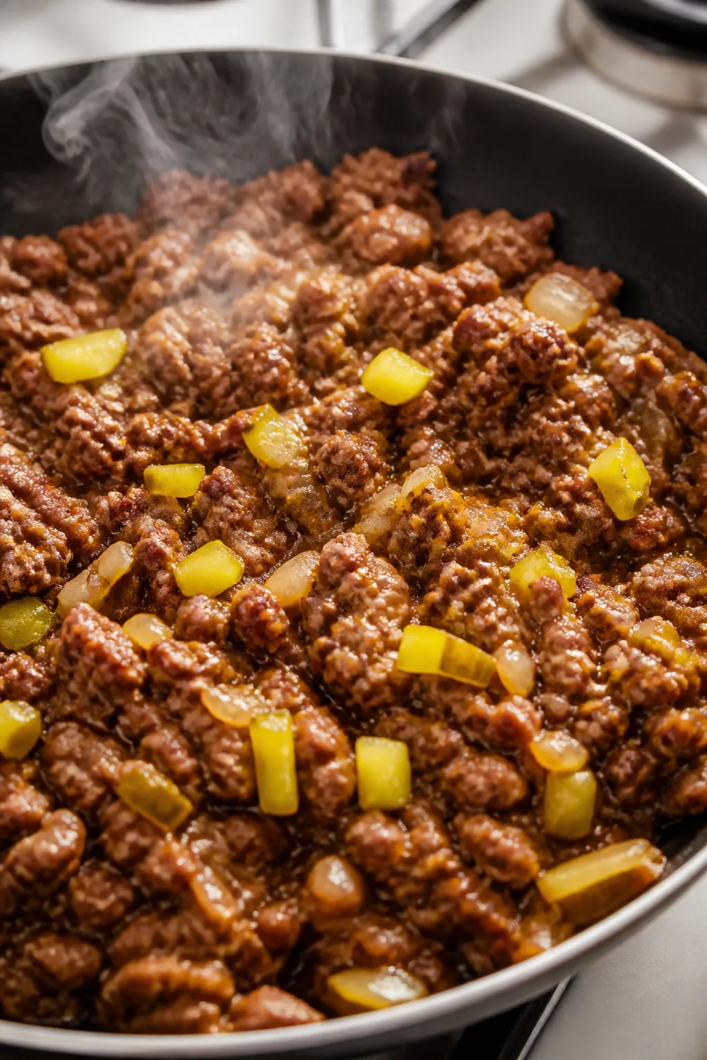 Cooking process, skillet close-up: Savory ground beef browning in a large black skillet with softene