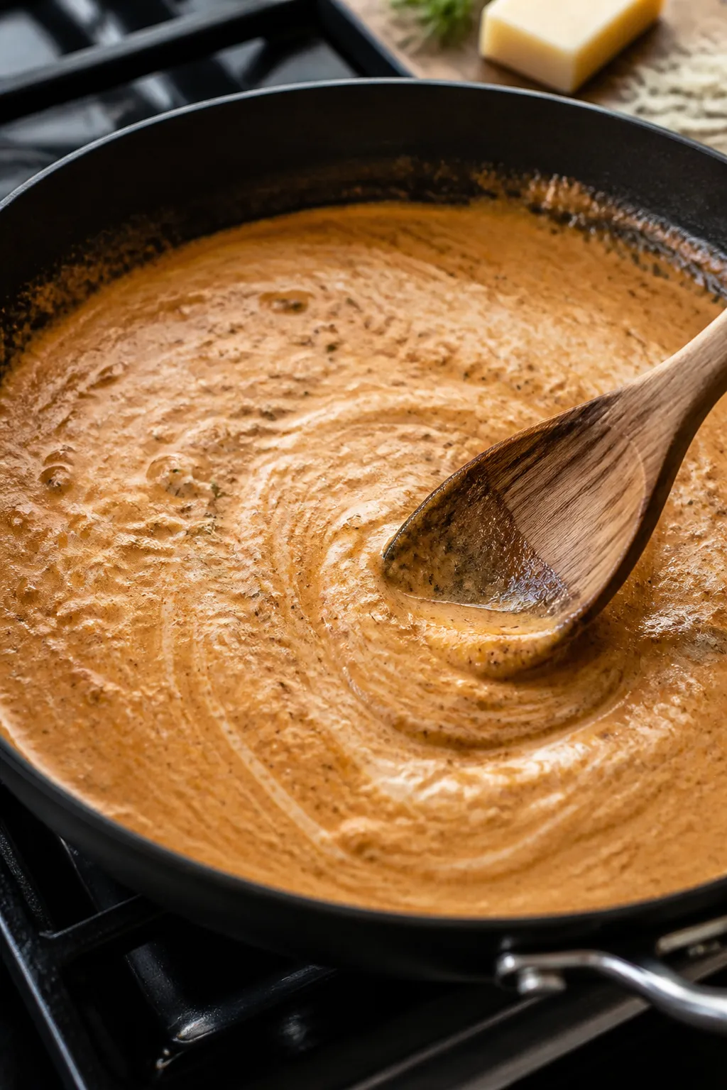 Cooking process: Skillet shot of the sauce coming together—tomato paste toasted to a deeper brick-