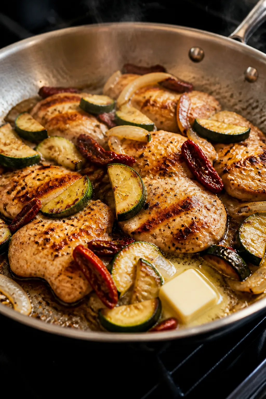 Cooking process, skillet sizzle: Golden-seared thin slices of chicken in a large stainless-steel ski