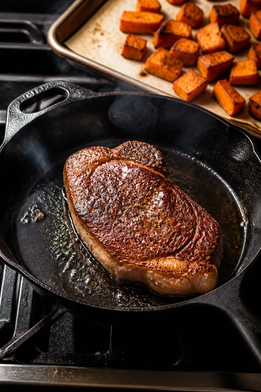 Cooking process: Steak searing in a screaming-hot cast-iron skillet, capturing the Maillard crust fo