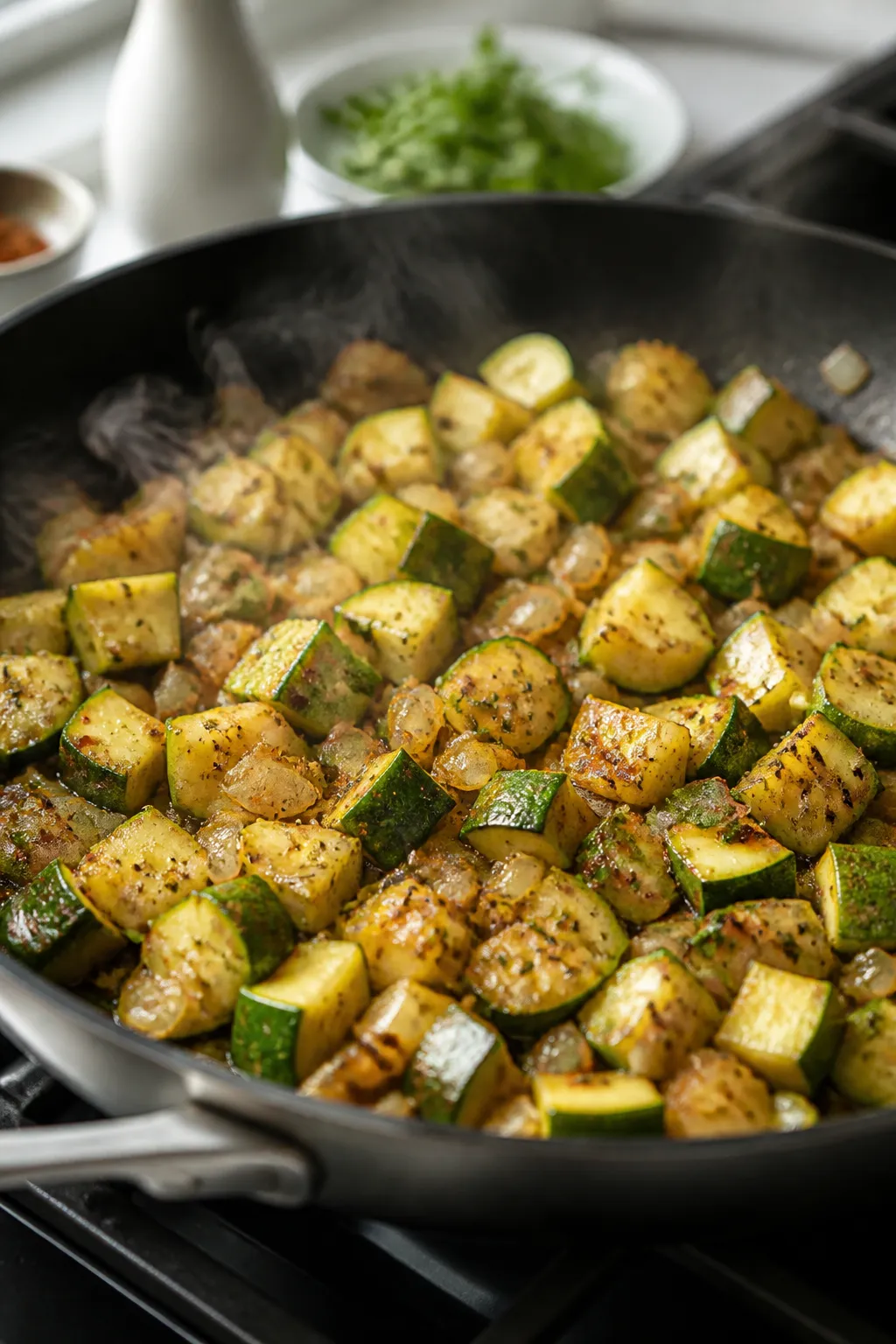 Cooking process, stovetop: Sautéed zucchini, onions, and garlic in a wide skillet, moisture visibly