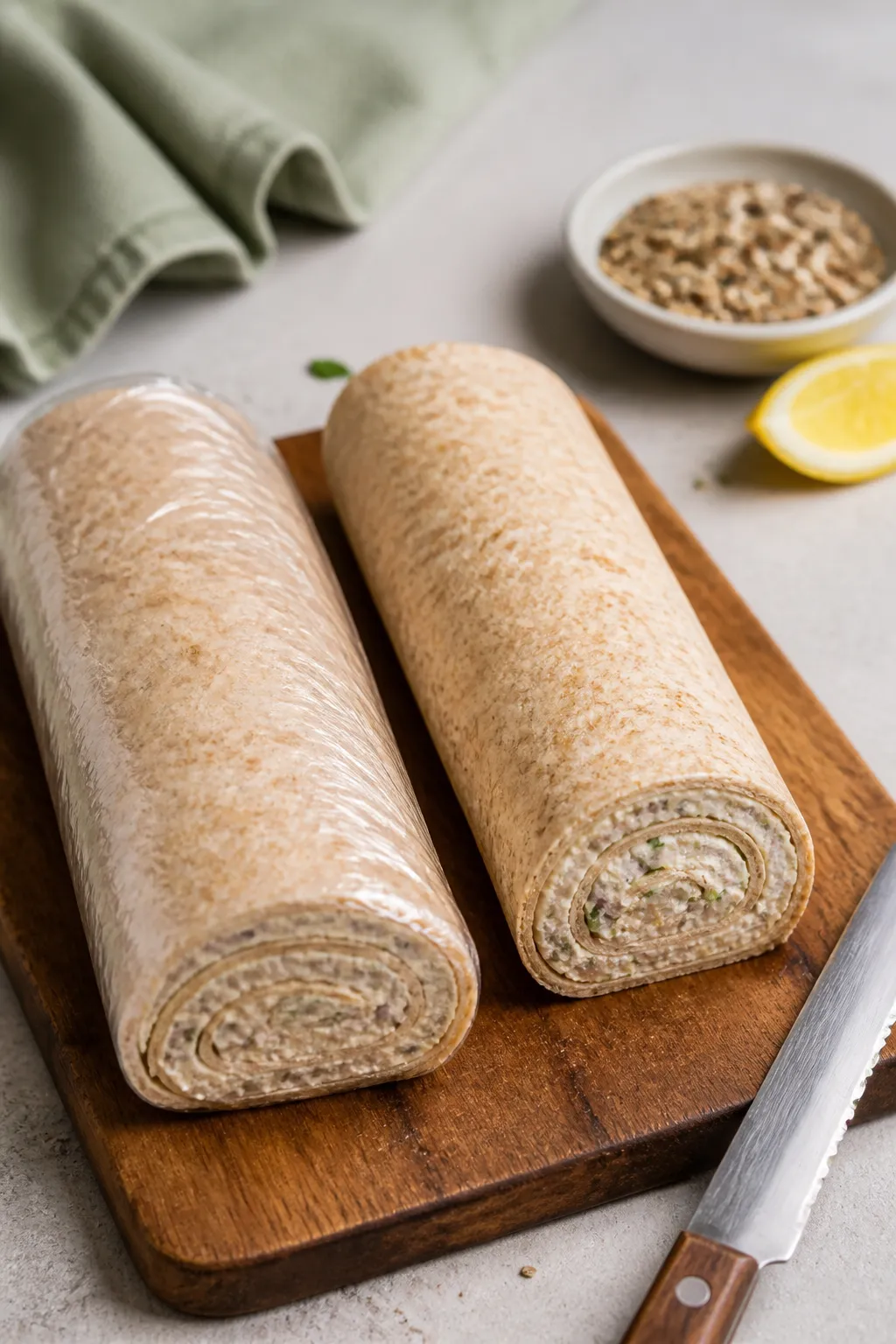 Cooking process: The assembled tuna pinwheel logs just after rolling and before slicingâtwo snug,