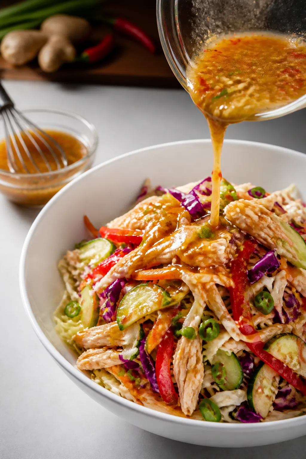 Cooking process: The dressing being whisked in a small glass bowl beside the prepared salad componen